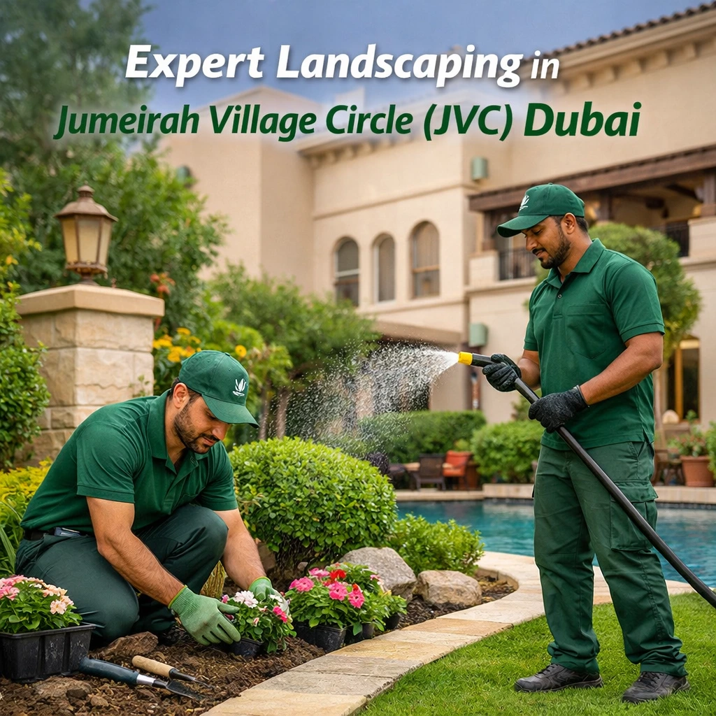 Professional landscapers working in a villa garden in JVT Dubai, maintaining lawns, trimming plants, and creating a clean, green outdoor space with expert care and precision. Top landscaping and gardening services in JVT Dubai with expert gardeners