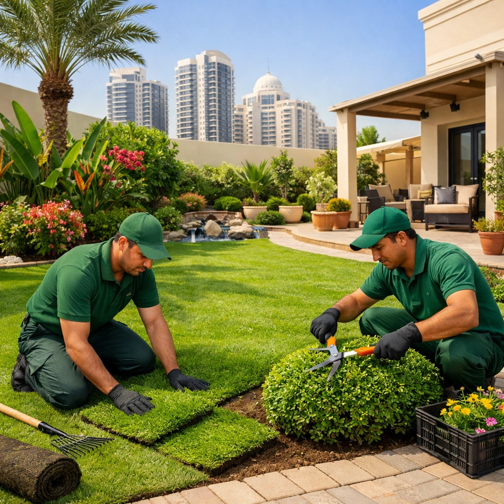 Experienced landscaping team working in a JVT Dubai villa garden, cutting grass, shaping plants, and enhancing the outdoor area with professional care and attention to detail. Expert landscaping and gardening in JVT Dubai maintaining beautiful villa garden