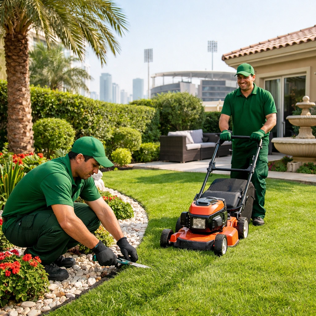 ModeA beautifully landscaped garden in Dubai Sports City, showcasing a curved stone pathway surrounded by vibrant flower beds, palm trees, and a tranquil pond with a small waterfall. The scene captures the harmony between modern architecture and natural greenery, with sports stadiums and high-rise buildings visible in the background.rn villa landscaping and gardening in Dubai Sports City featuring lush green lawns, palm trees, colorful flower beds, and a stone pathway under bright sunlight.