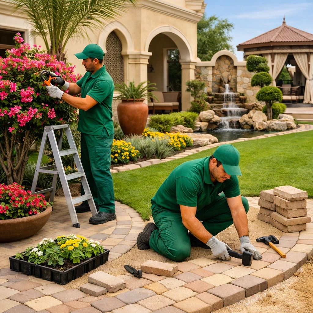 Top landscaping services in Al Shahama, Abu Dhabi. Our skilled team delivers expert gardening and landscaping solutions, transforming outdoor spaces into stunning, well-maintained gardens for homes and villas Best landscaping and gardening in Al Shahama Abu Dhabi, UAE with professional team at work