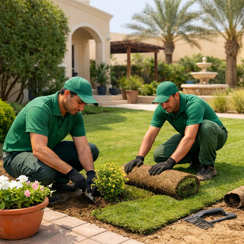 Experience the best landscaping in Al Shahama, Abu Dhabi. Our expert team transforms gardens and outdoor spaces with premium landscaping and gardening services, creating beautiful, vibrant, and well-maintained environments for villas and homes. Professional landscaping and gardening service in Al Shahama Abu Dhabi with lush green lawn and villa surrounding
