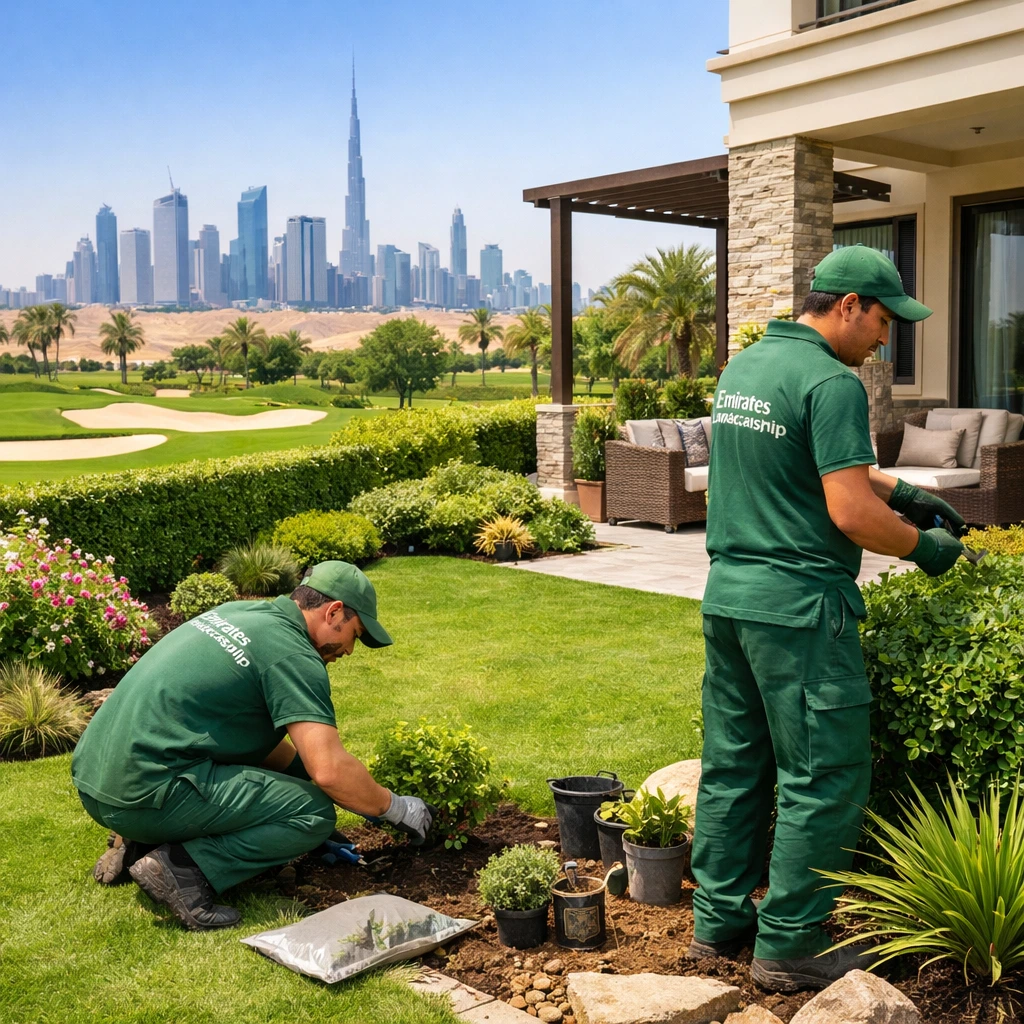 Expert landscaping team working on luxury garden in Dubai Hills Golf City with vibrant lawn and modern outdoor design