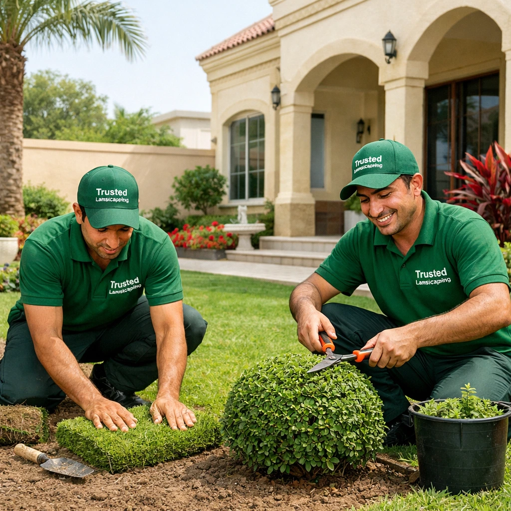 Reliable landscaping team in Barashi Sharjah creating a beautiful green lawn and modern villa garden design