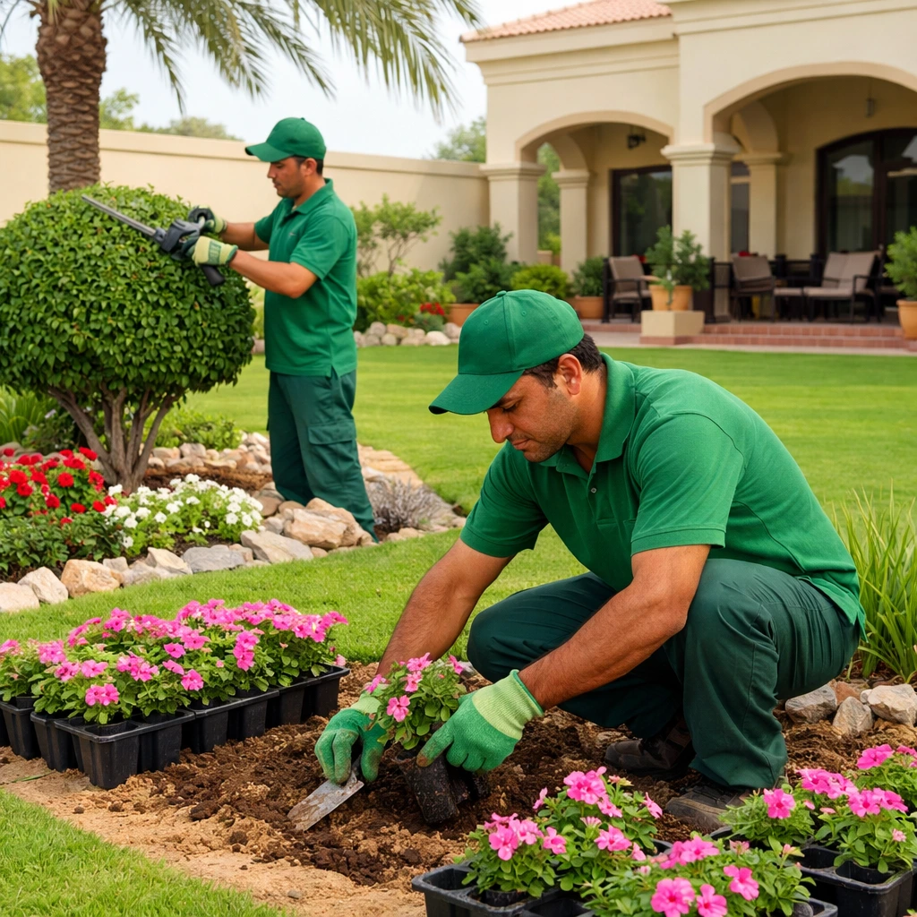 Expert landscapers in Al Falah Abu Dhabi designing a lush green lawn and elegant villa garden