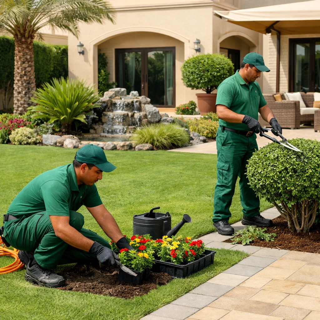 Professional landscaping services in Al Falah Abu Dhabi with expert gardeners maintaining a modern villa garden