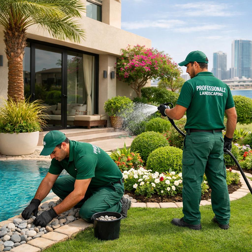 Best landscaping in Jumeirah Park Dubai with gardeners maintaining a villa garden.