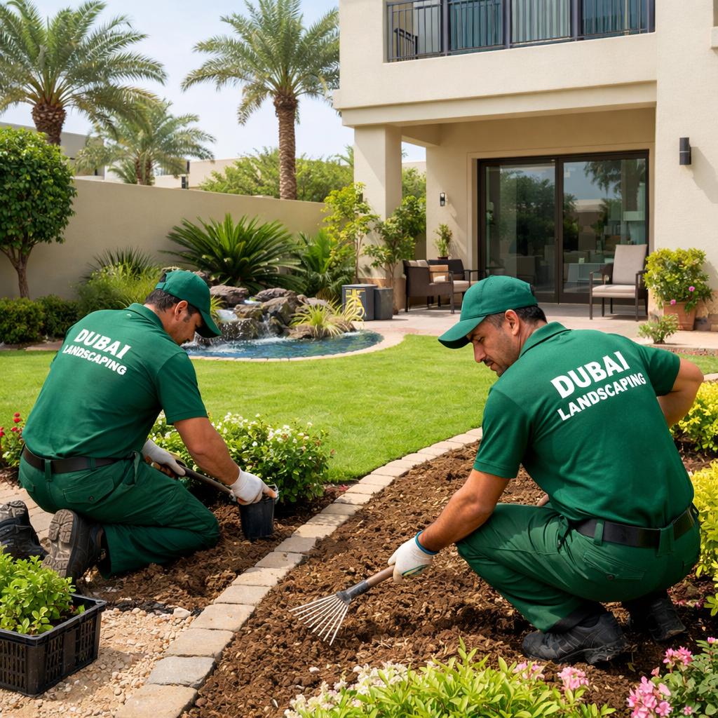 Best landscaping in Jumeirah Park Dubai with professional gardeners maintaining a luxury villa garden, trimming plants and designing a clean green outdoor space.