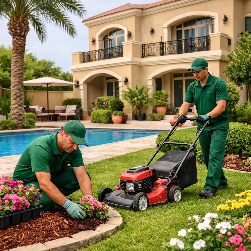 Expert landscaping in Dubai South Dubai with gardeners working on a villa garden and maintaining greenery.