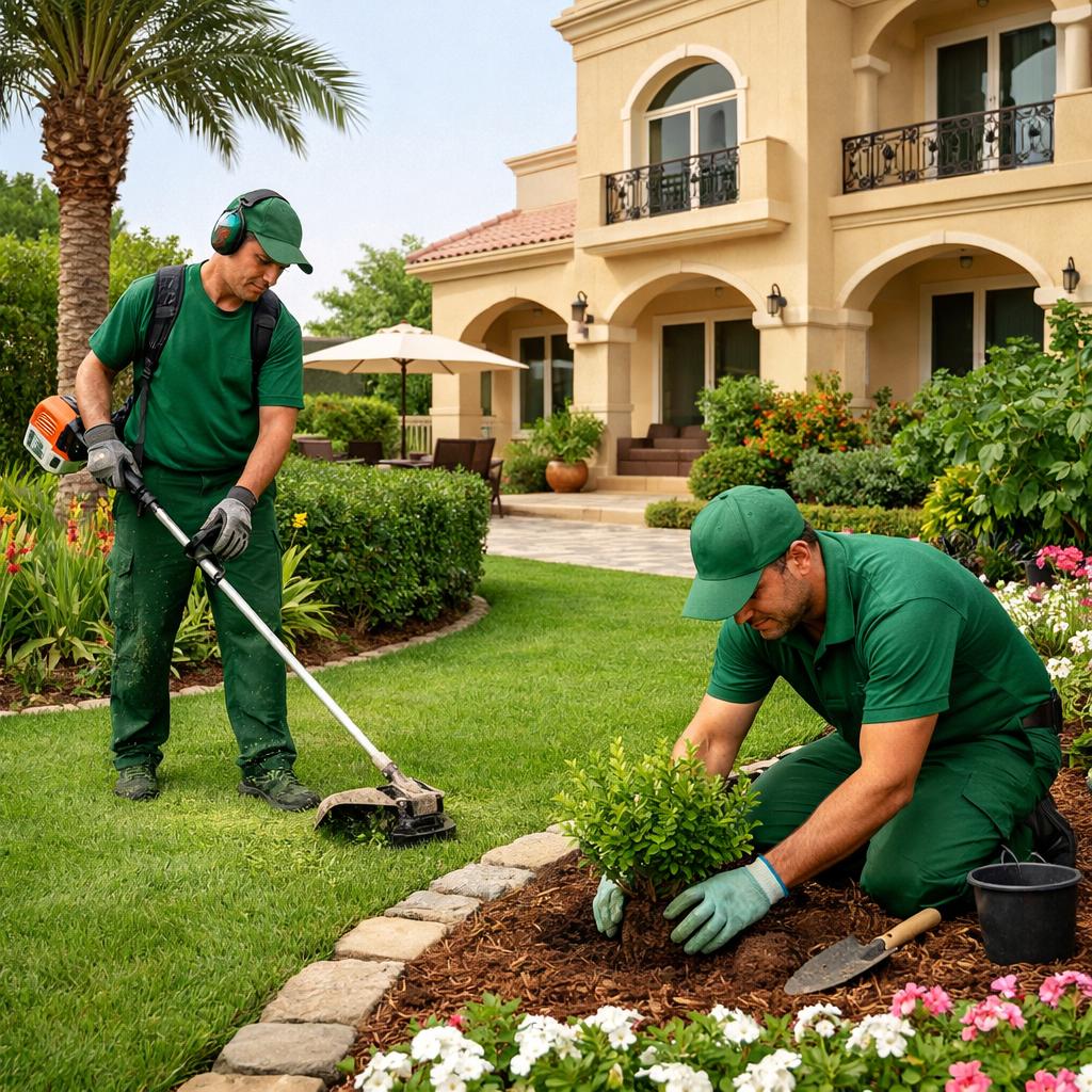 Expert landscaping in Dubai South Dubai with professional gardeners maintaining a modern villa garden, trimming plants and enhancing green outdoor spaces.