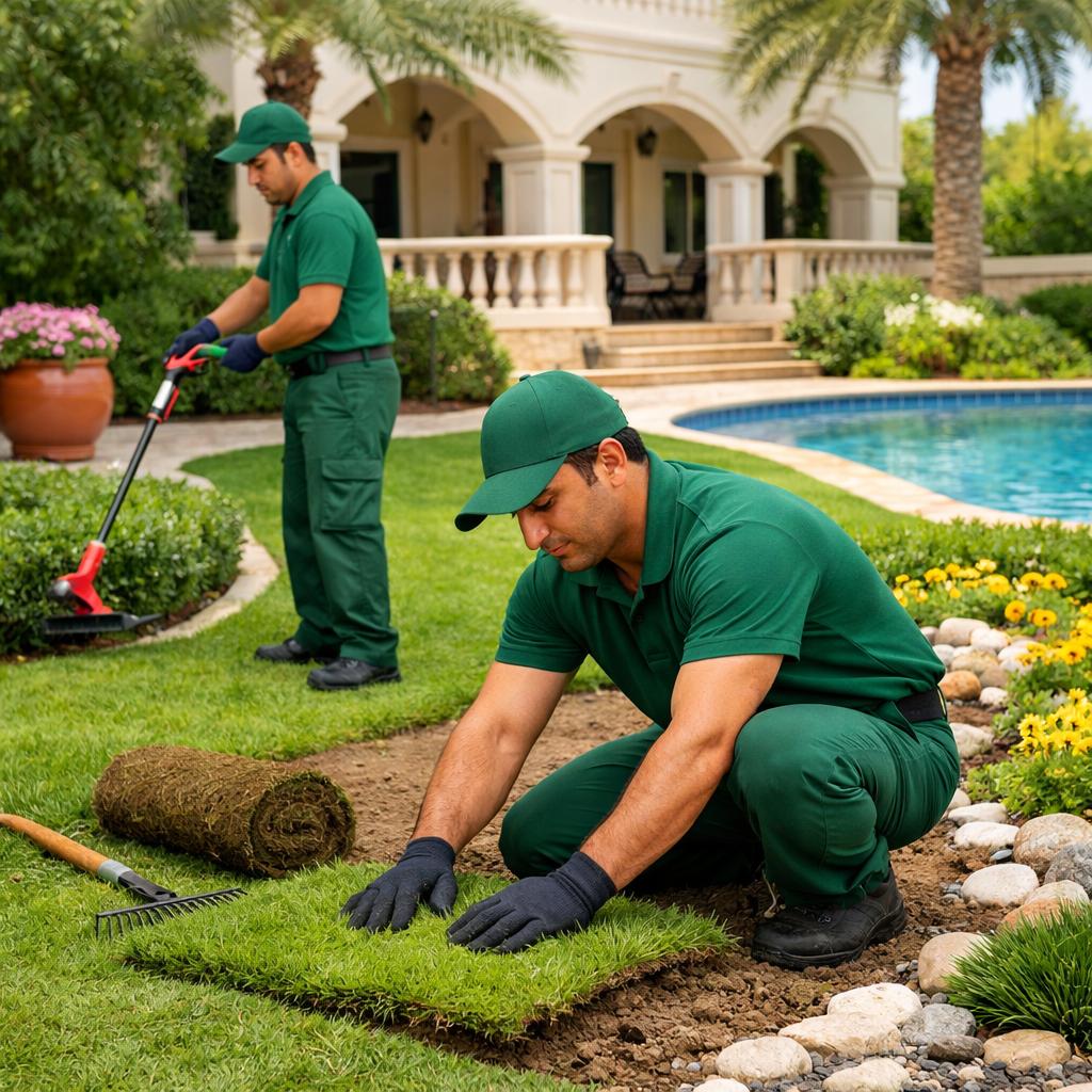 Top landscaping in Dubai Silicon Oasis with expert garden design, two professional gardeners in green uniforms working inside a modern villa garden with plants and lawn