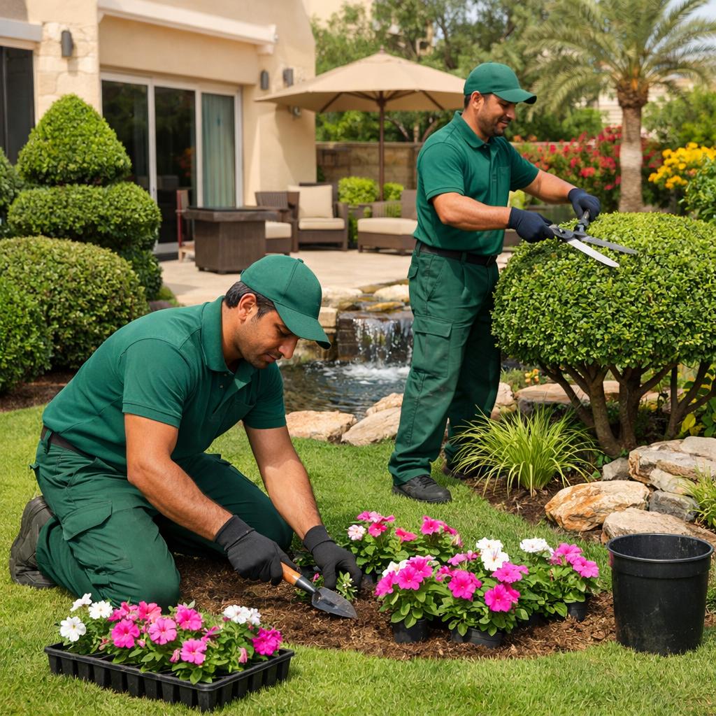 This image shows professional landscaping and gardening services in Al Reem Island Abu Dhabi. Skilled landscapers are maintaining a modern villa garden with lush green lawns, trimmed plants, and clean outdoor spaces. The scene highlights expert garden design, irrigation care, and premium landscape maintenance, creating a beautiful and well-kept outdoor environment for residential properties in Al Reem Island UAE. Professional landscaping in Al Reem Island Abu Dhabi with gardeners maintaining a modern villa garden with green lawns and plants.