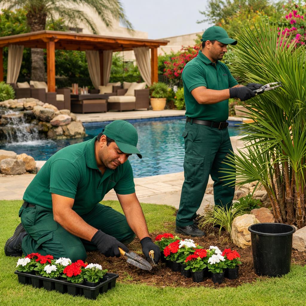 Trusted landscaping in Al Mamzar Sharjah with gardeners maintaining a villa garden and green outdoor space.