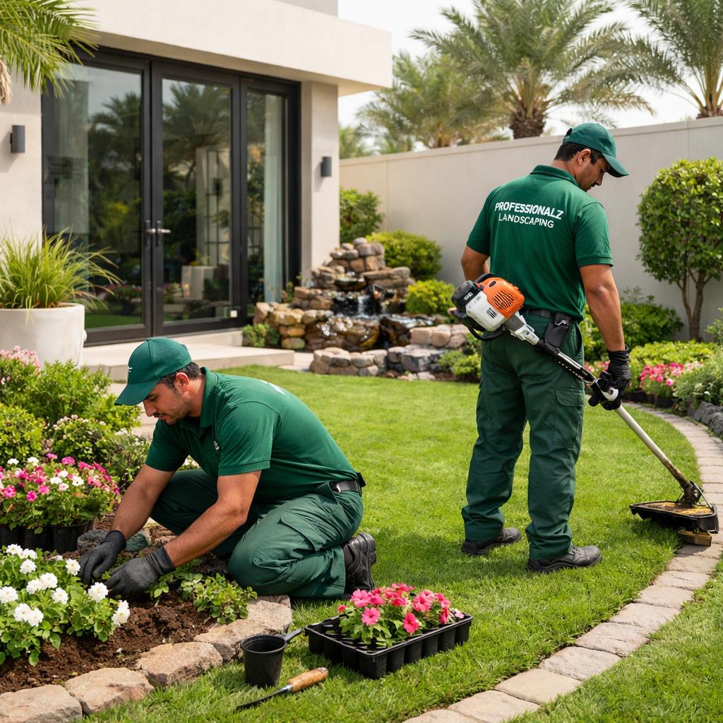 Professional landscaping in Dubai Silicon Oasis, gardeners in green uniforms designing a villa garden with lush grass and modern outdoor layout