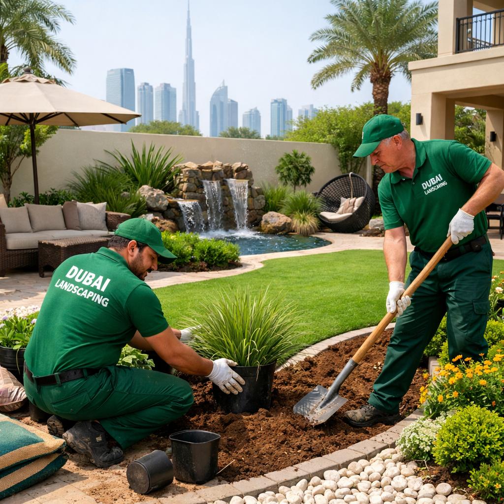 Best landscaping in Mussafah Abu Dhabi showing professional gardeners working in a modern villa garden with green lawn and irrigation system.
