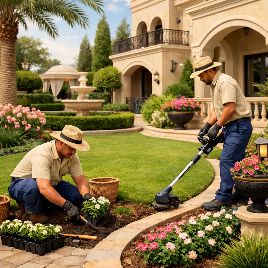 A modern luxury villa garden in Al Muroor Abu Dhabi featuring lush green lawn, stylish pergola, stone pathways, and elegant outdoor seating under warm sunset lighting. Luxury villa landscaping in Al Muroor Abu Dhabi with pergola and green garden